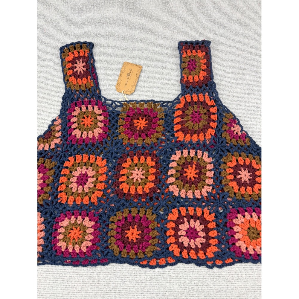 Natural Life Crochet Granny Square Tank Top Multicolor Boho Crop L/XL TOP963 NEW - Picture 8 of 11